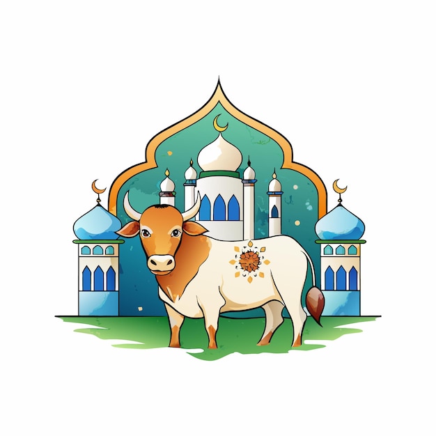 Vector een koe met een bloem op haar hoofd en een koe voor een moskee