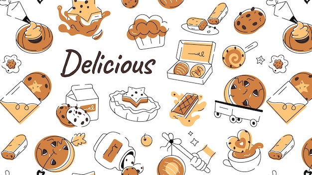 Een koekje in doodle-stijl met afbeeldingen van verschillende soorten bakkerijvoedsel en snoepwaren