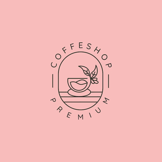 Een koffiekopje met blad en bonen lijn kunst logo vector symbool illustratie ontwerp