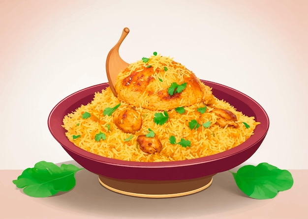 Een kom heerlijke pittig gekruide kip biryani zit tegen een sombere achtergrond vectorillustratie