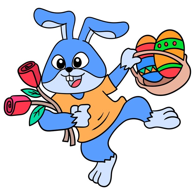Een konijn met een vrolijk gezicht met een mand gevuld met paaseieren, doodle draw kawaii. illustratie kunst