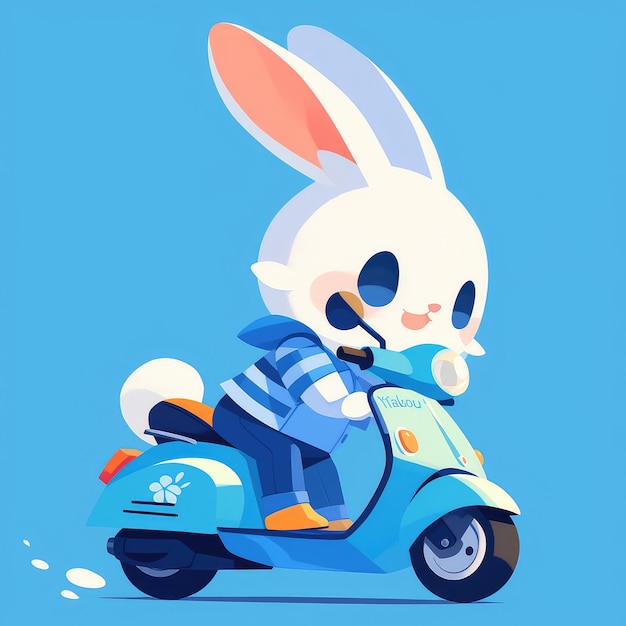 Een konijn rijdt op een scooter in cartoon stijl.