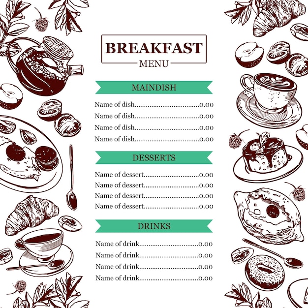 Een kop koffie, een theepot, een croissant, een khachapuri, roerei, een ontbijt, een menu voor restaurants.