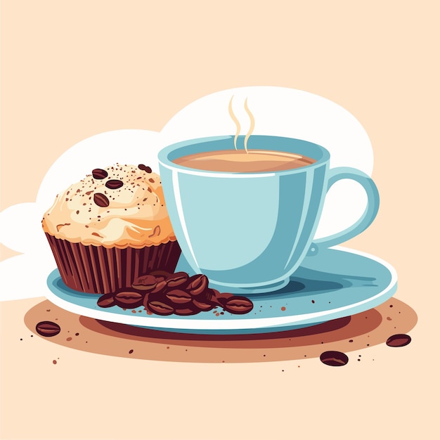 Een kop koffie en een taart in een plaat vector illustratie Dessert koffie taart