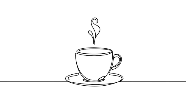 Een kop koffie met stoom, één lijn op een witte achtergrond.