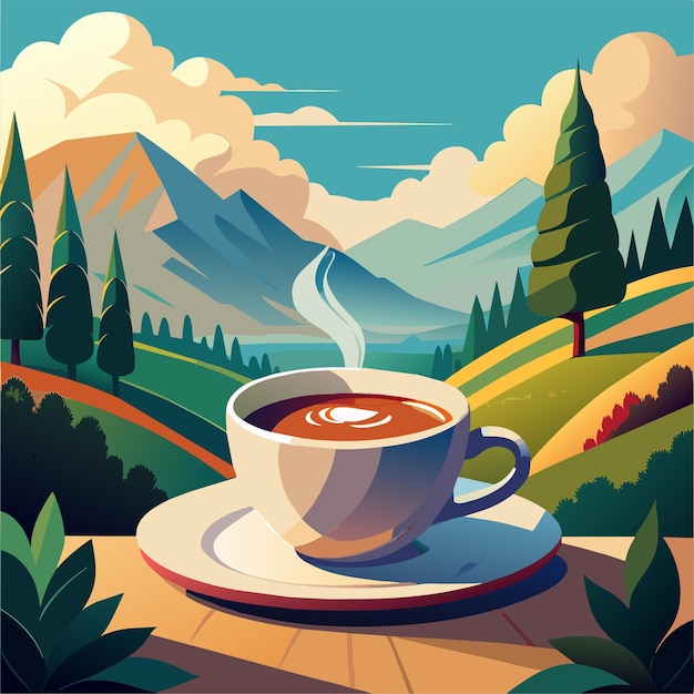 Vector een kop koffie zit op een witte bord op een houten tafel voor een bergketen het toneel is vreedzaam en serene met de bergen op de achtergrond