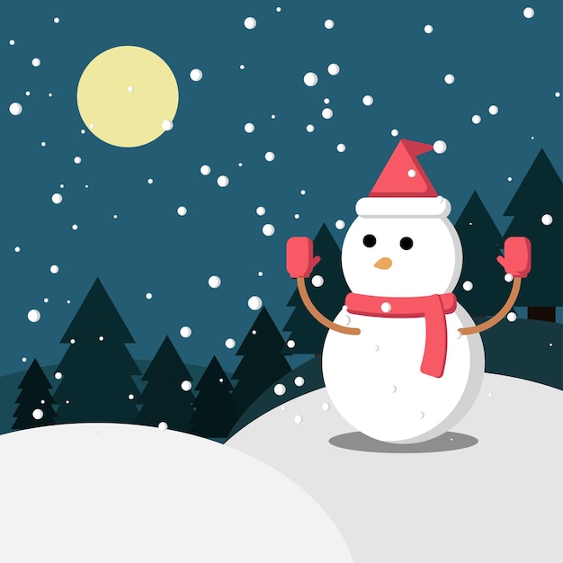 Een koude nacht met een sneeuwman en vallende sneeuw onder het maanlicht