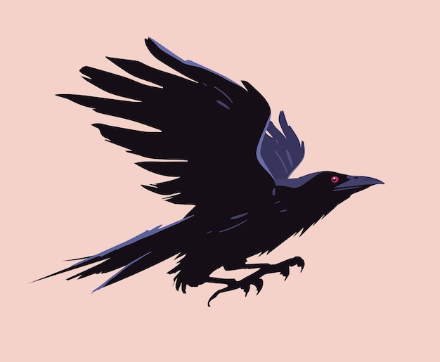 Vector een kraai, een zwarte raaf met rode ogen een vogel tijdens de vlucht vectorillustratie in een vlakke stijl