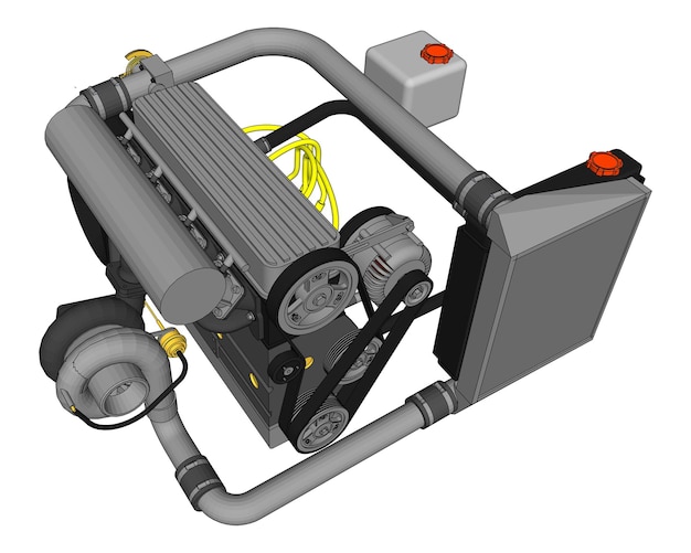 Vector een krachtige viercilindermotor met turbocompressor voor een sportwagen. vectorkleurenillustratie met lijnen van contouren van details.