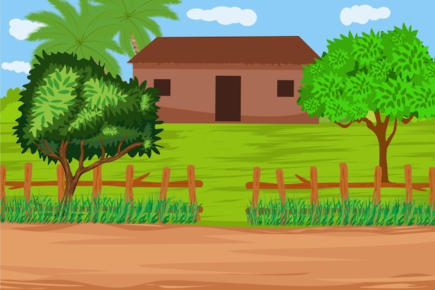 Een landelijk tafereel met een huis en bomen.