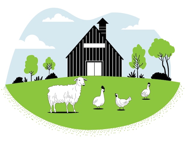 Een landelijke weide met vee en pluimvee en een boerderijhangar voor het vee