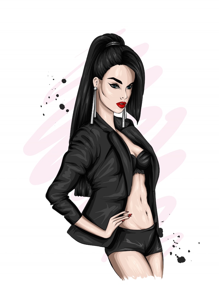 Vector een lang, slank meisje in een korte broek, een jasje. mooi model in stijlvolle kleding. illustratie voor een ansichtkaart of een poster, print voor kleding.