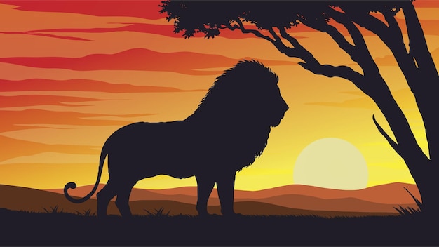 Een leeuw die midden in een zonsondergang staat met bergwoede