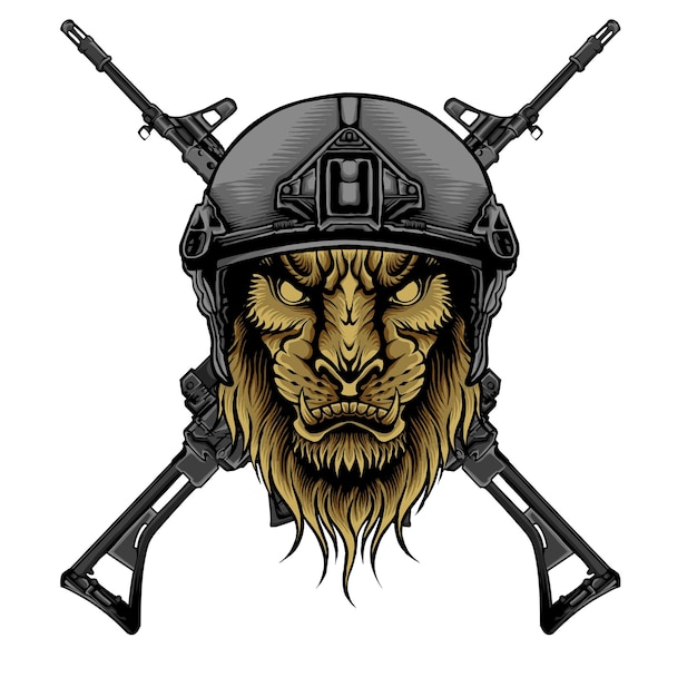 Een leeuw met een helm en wapens erop