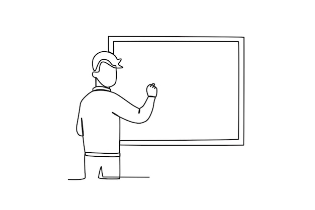 Een leraar legt een les uit op een klasbord Wereldlerarendag oneline-tekenen