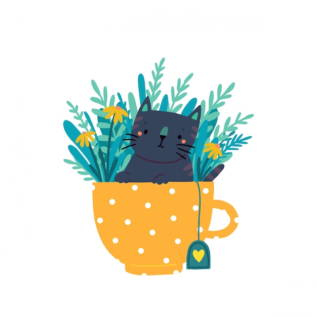 Een leuk katje zit in een mok omgeven door bloemen en bladeren. kat in een beker voor kinderen.