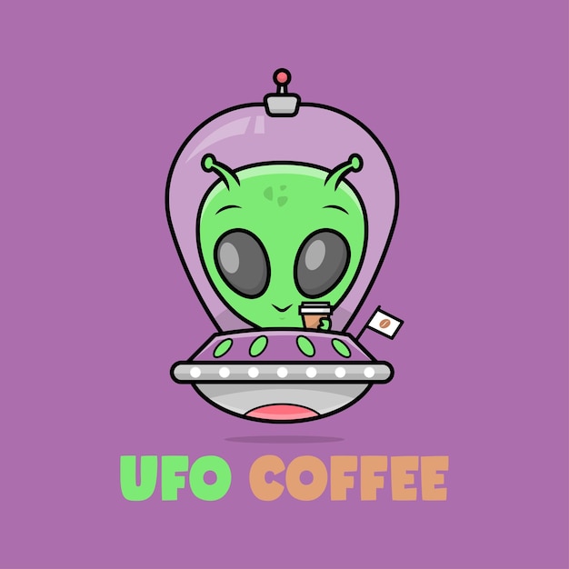 Een leuke alien brengt een kop koffie in een ufo premium cartoon-logo