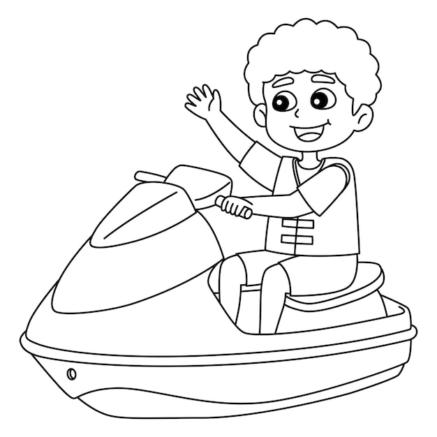 Een leuke en grappige kleurplaat van een jongen die op een jetski rijdt Biedt urenlang kleurplezier voor kinderen Kleur deze pagina is heel gemakkelijk Geschikt voor kleine kinderen en peuters