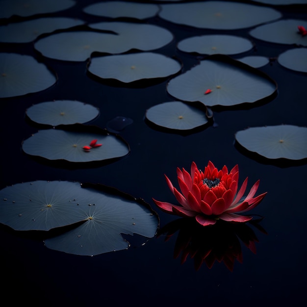 Een levendige rode lotuswaterlelie die sierlijk bloeit op de kalme AI_Generated