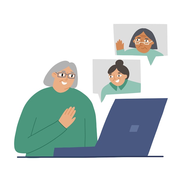 Een lieve oude vrouw die thuis communiceert met haar vrienden op een laptop. online communicatie, moderne technologie en het concept van ouderdom. vectorillustratie in vlakke stijl op witte achtergrond.