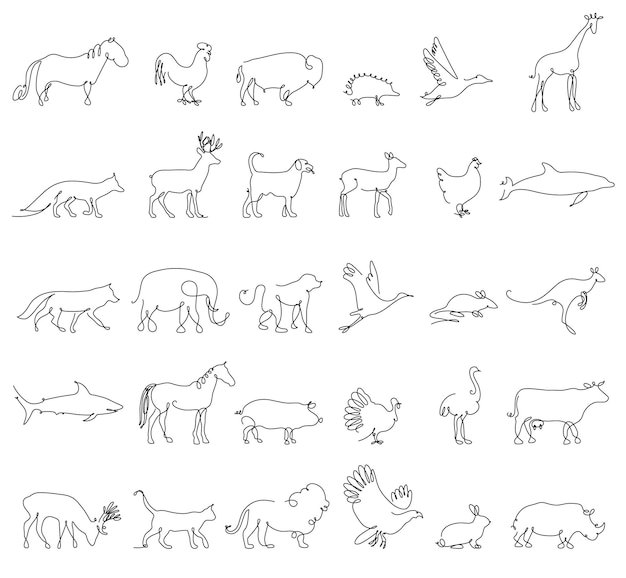 Een lijn dieren set logo's vector stock illustratie Turkije en koe varken en adelaar giraffe en paard hond en kat vos en wolf dolfijn en haai herten en olifant ooievaar en kip