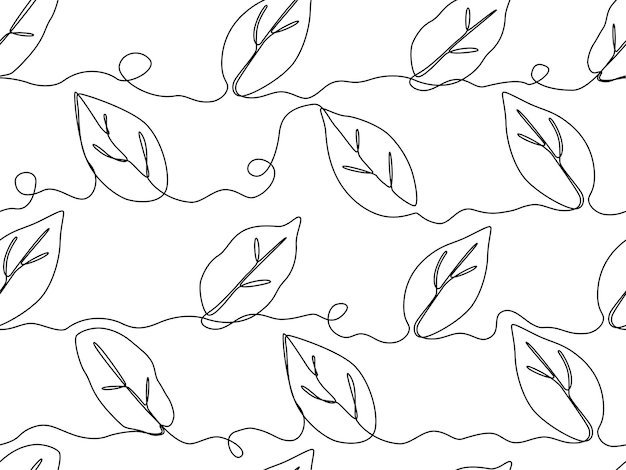 Eén lijn doorlopende tekening van botanisch boomblad in naadloos patroon