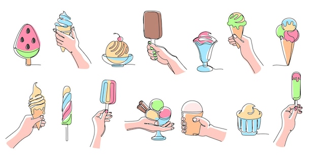 Eén lijn ijs Twisted lollipop watermeloen snee popsicle klassieke sundae traktaties en kegel ijs met het houden van hand vector illustratie set met bewerkbare slagpaden