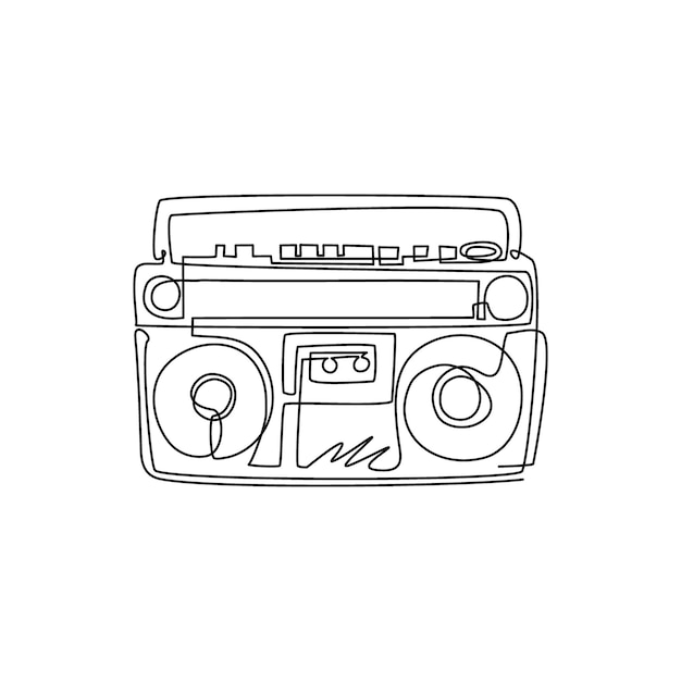 Eén lijn tekende radioband of boombox zwart-wit muziek embleem Bandrecorder vector