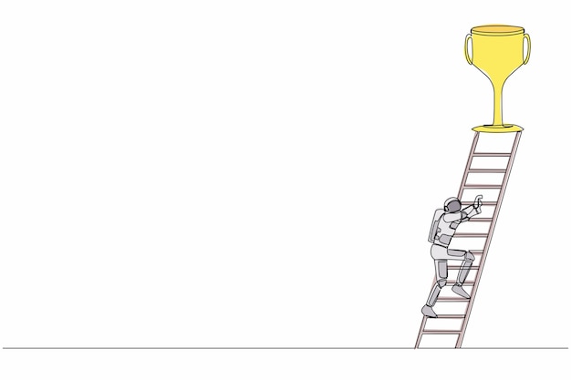 Vector eén lijn tekenen astronaut klimmen ladder om een trofee te krijgen motivatie om te slagen in sterrenschip