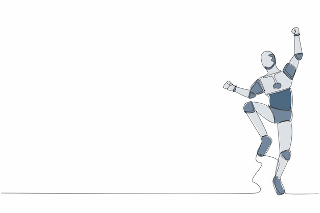 Eén lijn tekenen gelukkige robot springen met plooien één been en heft een hand winnen zaken