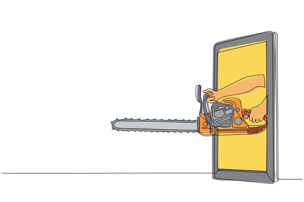 Eén lijn tekenen hand met kettingzaag door middel van mobiele telefoon ontwerp vector illustratie