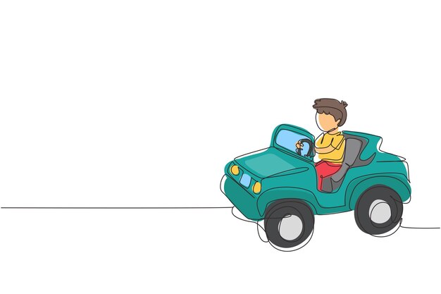 Vector eén lijn tekening jongen rijden auto gelukkig schattig kind schattig kleine jongen glimlachen gelukkig rijden speelgoed auto kinderen39s reis in kleine auto modern continue lijn tekenen ontwerp grafische vector illustratie