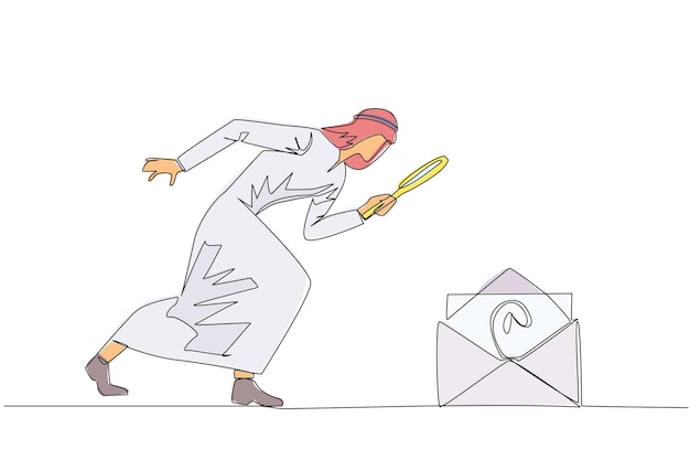 Eén lijn tekening van een arabische zakenman met een vergrootglas kijk naar het e-mailpictogram ontvang belangrijke e-mails met betrekking tot de voortgang van zijn bedrijf voortdurende lijnontwerp grafische illustratie