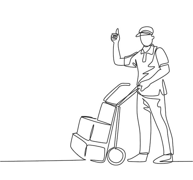 Eén lijn tekening van een bezorger die de duim omhoog doet terwijl hij een kartonnen pakket met een trolley draagt