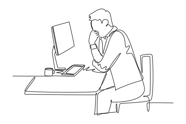 Eén lijn tekening van een jonge startup CEO die aan een stoel zit en nadenkt terwijl hij zich concentreert op computerschermdata Business analyseren concept Continuous line draw design graphic vector illustration