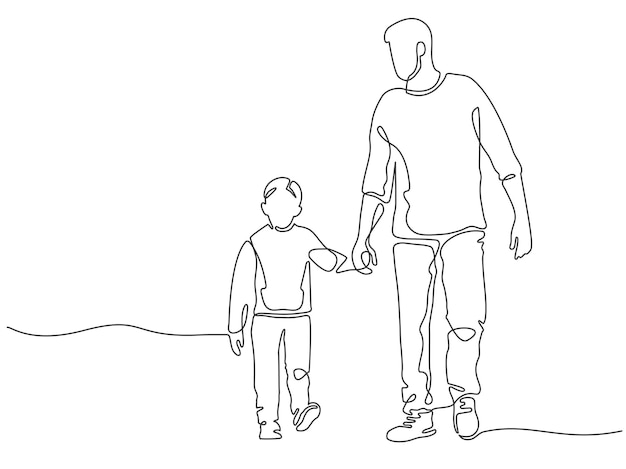 Eén lijn vader. Papa wandelen met zoon. Vaderschap poster met man en kind hand in hand. Doorlopende lijnen gelukkige vaders dag vector concept. Vrolijke mannelijke ouder met zorgeloze peuter