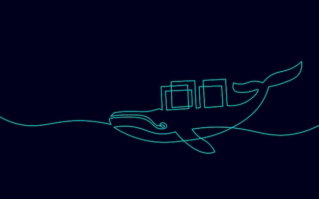 Een lijn walvis en container computer docker ontwikkelaar app concept. Schetstekening open source programma. Gegevens codering vector lijn illustratie