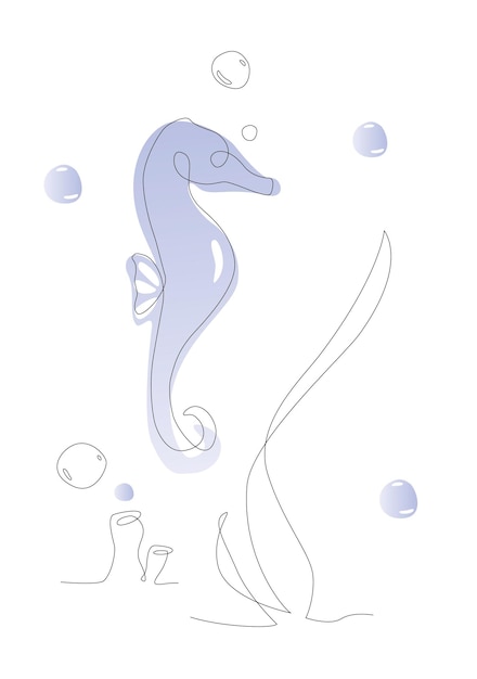 Een lijn zeepaardje illustratie zeeleven lijntekeningen vector schattig aquarium zeepaardje schets