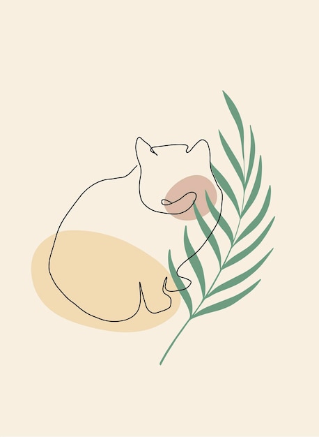 Vector een lijn zittende kat vector illustratie met abstracte vormen en plant tak bladeren beige kleuren
