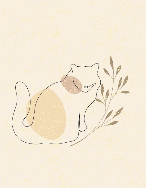 Een lijn zittende kat vector illustratie met abstracte vormen en plant tak bladeren beige kleuren