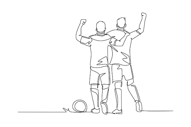 Eén lijntekening actieve twee voetballer knuffelen samen wandelen om sportiviteit te vieren Respect in voetbalsport Moderne doorlopende lijn tekenen ontwerp grafische vectorillustratie