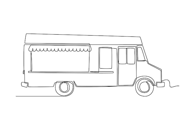 Eén lijntekening Foodtrucks Restaurant op wielen Bestelwagens voor de verkoop van straatvoedsel Autoconcept Doorlopende lijntekening ontwerp grafische vectorillustratie