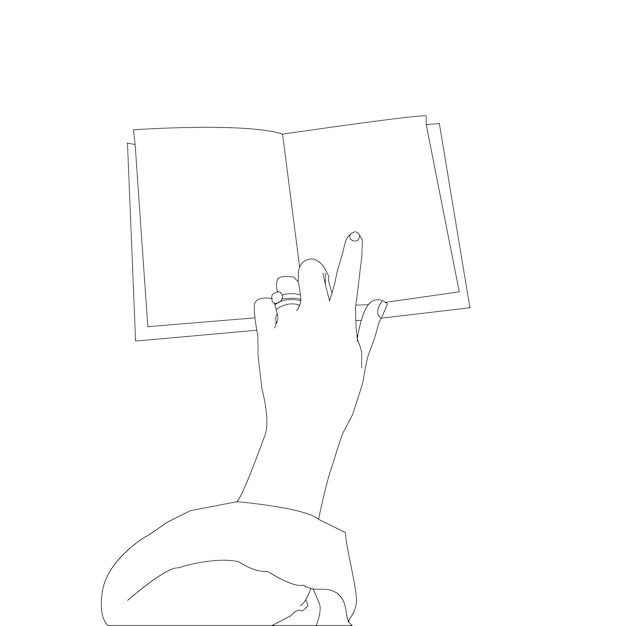Een lijntekening hand met boek en schets vector op witte achtergrond