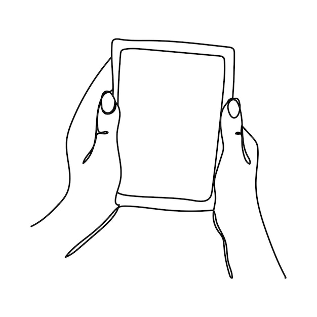 Een lijntekening hand met een telefoon of smartphone mobiele telefoon technologie gadget communicatie