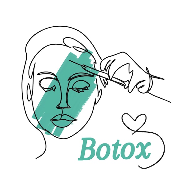 Een lijntekening meisjes gezicht botox handgeschreven belettering injectiespuit