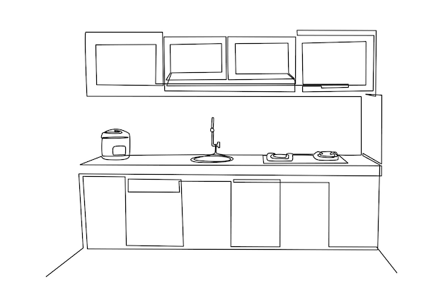 Eén lijntekening Moderne keuken interieur Keuken kamer concept Continu lijntekening ontwerp grafische vectorillustratie
