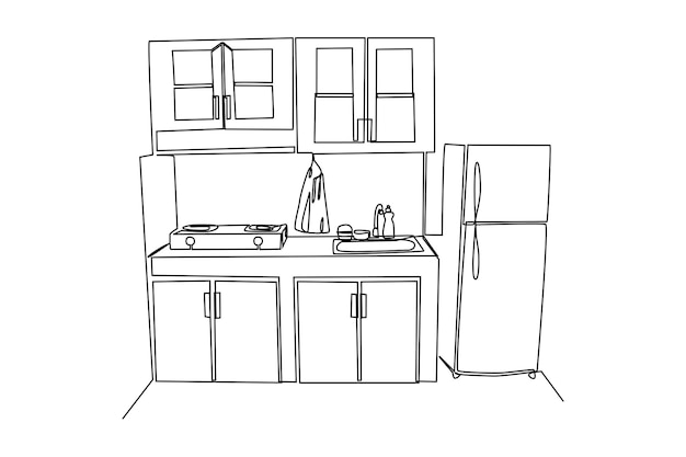 Eén lijntekening Moderne keuken interieur Keuken kamer concept Continu lijntekening ontwerp grafische vectorillustratie