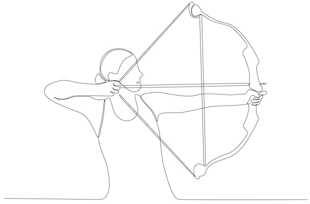 Een lijntekening of doorlopende lijntekeningen Een vrouwelijke boogschutter Premium vectorillustratie