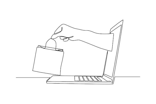 Eén lijntekening online winkelen met laptop en tas E-commerce concept Doorlopende lijntekening ontwerp grafische vectorillustratie