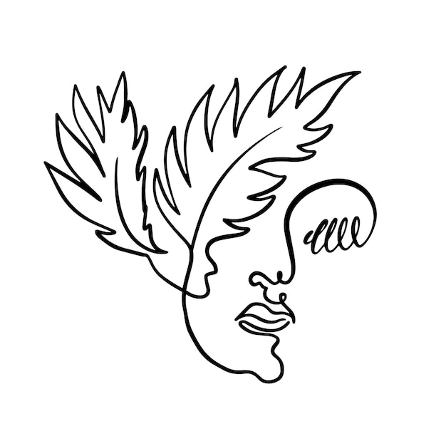 Een lijntekening van een gezicht met veren erop